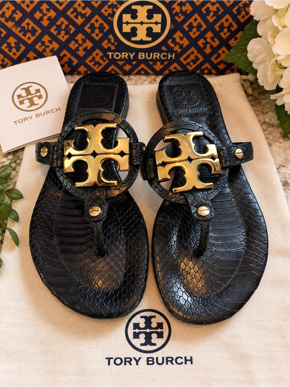 Tory Burch Black Leather Logo Sandals
